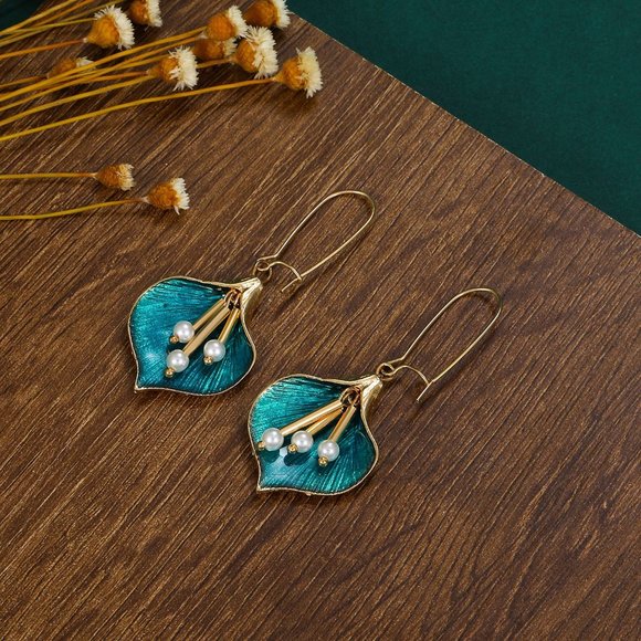 3/$35 Flower Leaf Pearl Green Gold Dangle Drop Fashion Earrings Women Jewelry - Picture 4 of 6